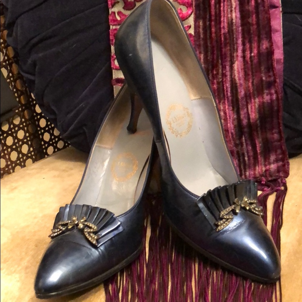 Vintage I.Miller Metallic Blue Pleated Bow Pumps